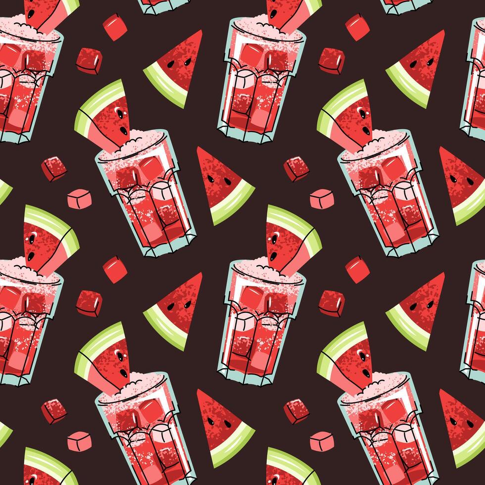 Watermelon Cocktail Seamless Pattern with Ice Cubes and Fruit Pieces in Flat Design for Summer Graphics Beverage Branding Backgrounds vector