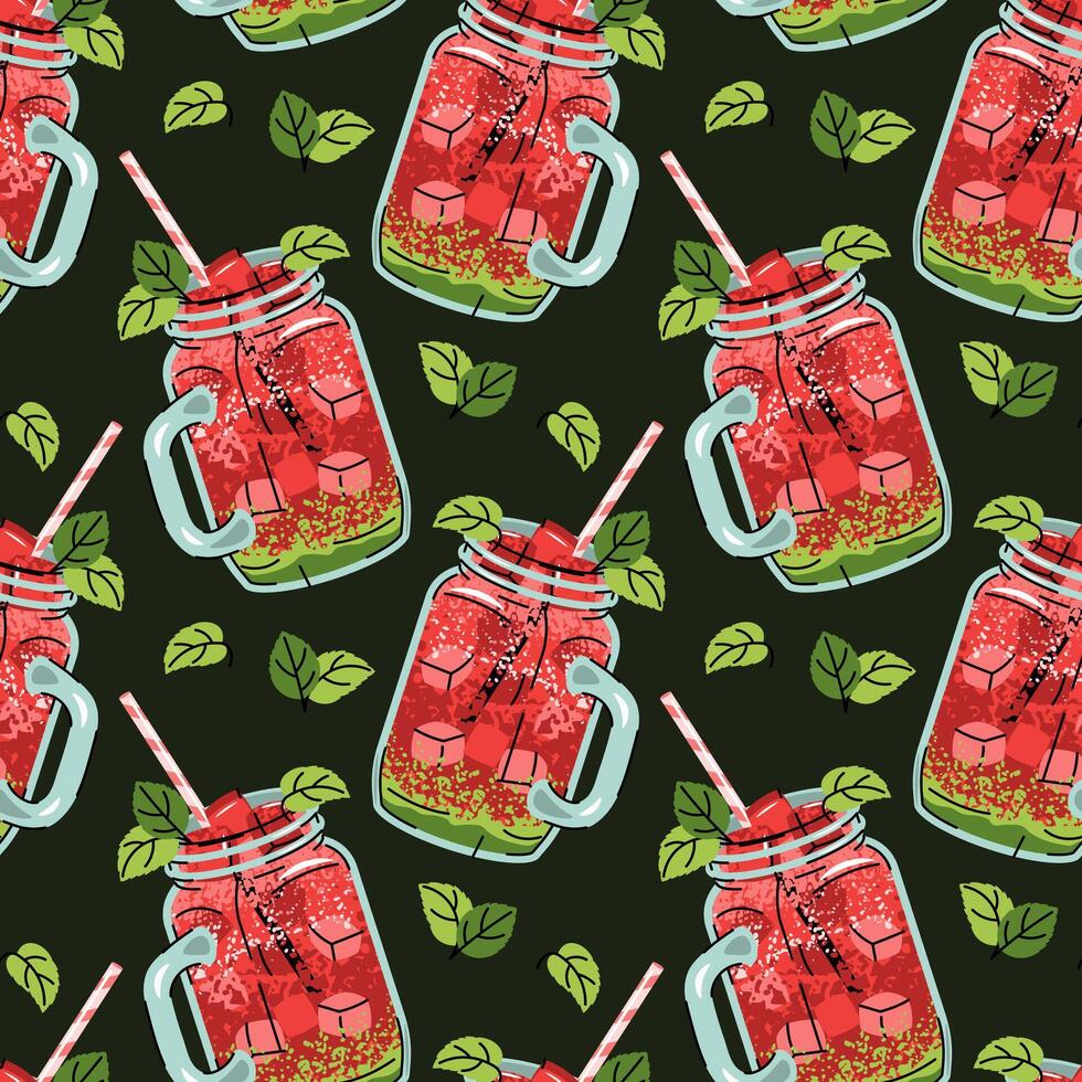 Watermelon Cocktail Seamless Pattern in Jar Glass with Ice Cubes and Mint Leaves in Flat Design. Perfect for Summer Graphics Beverage Branding Social Media and Drink Themed Projects. vector
