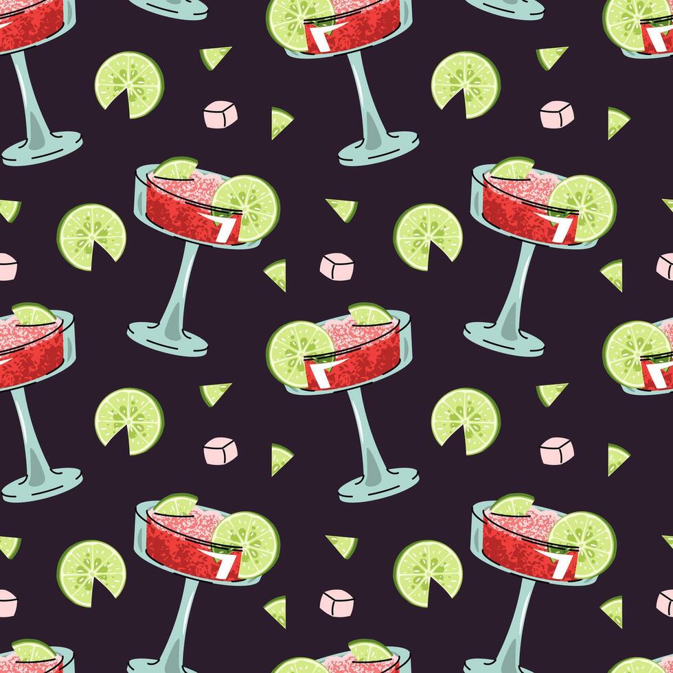 Watermelon Cocktail Seamless Pattern with Lime Slice and Crushed Ice in Flat Design for Summer Graphics Beverage Packaging Backgrounds and Drink Themed Visuals vector