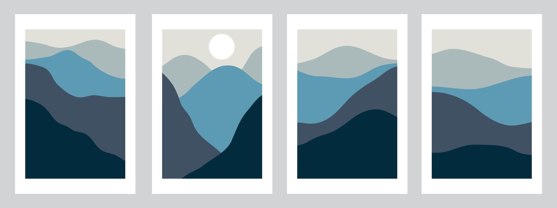 A set of creative abstract mountain landscapes and mountain backgrounds. Mid-century modern abstract illustration with hand drawn shaded mountains, sky, sun and moon. vector