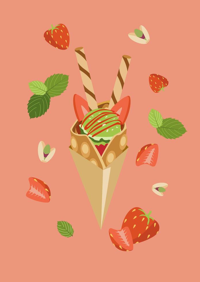 Waffle dessert with fruits and cream, topped with strawberries, mint , and chocolate sticks. Pink background. Suitable for dessert and summer designs. vector