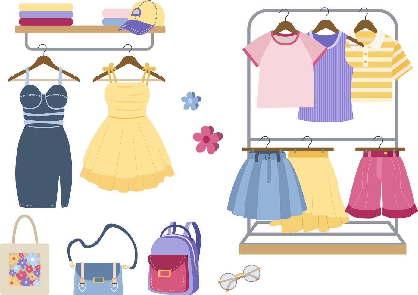 Wardrobe with clothes and accessories. Displayed on hangers and shelves. On a light background. Suitable for fashion and shopping themes. vector