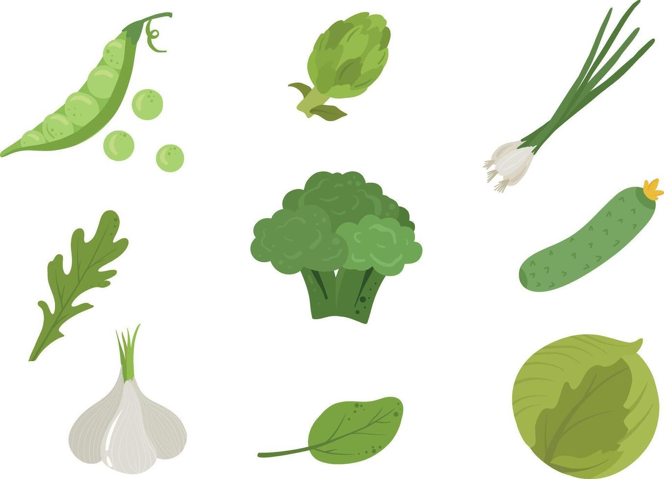 Green vegetables set in cartoon style. Organic Products. Healthy food vector