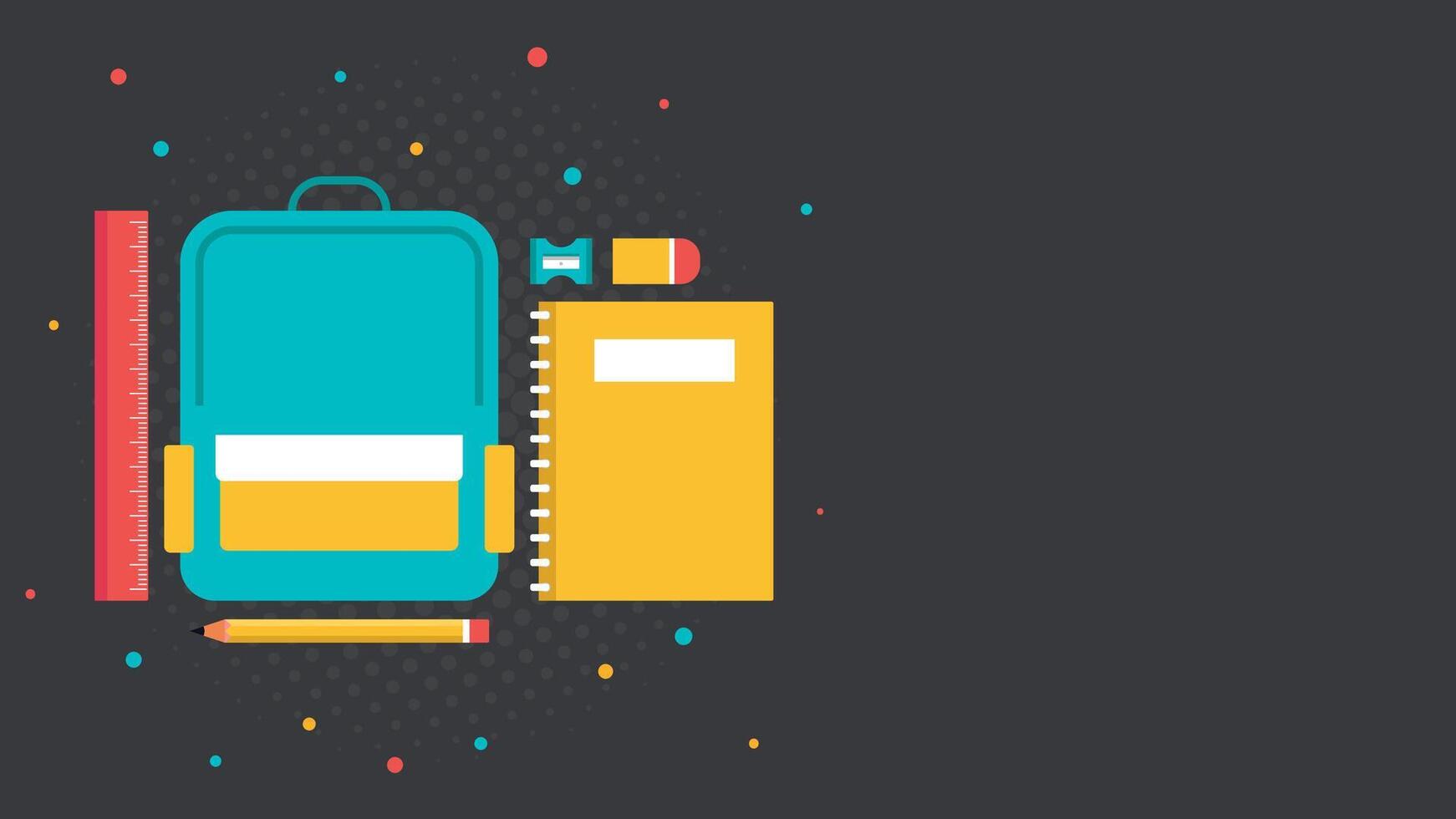 A blue backpack with a yellow ruler and a yellow notebook. The backpack is on a black background vector