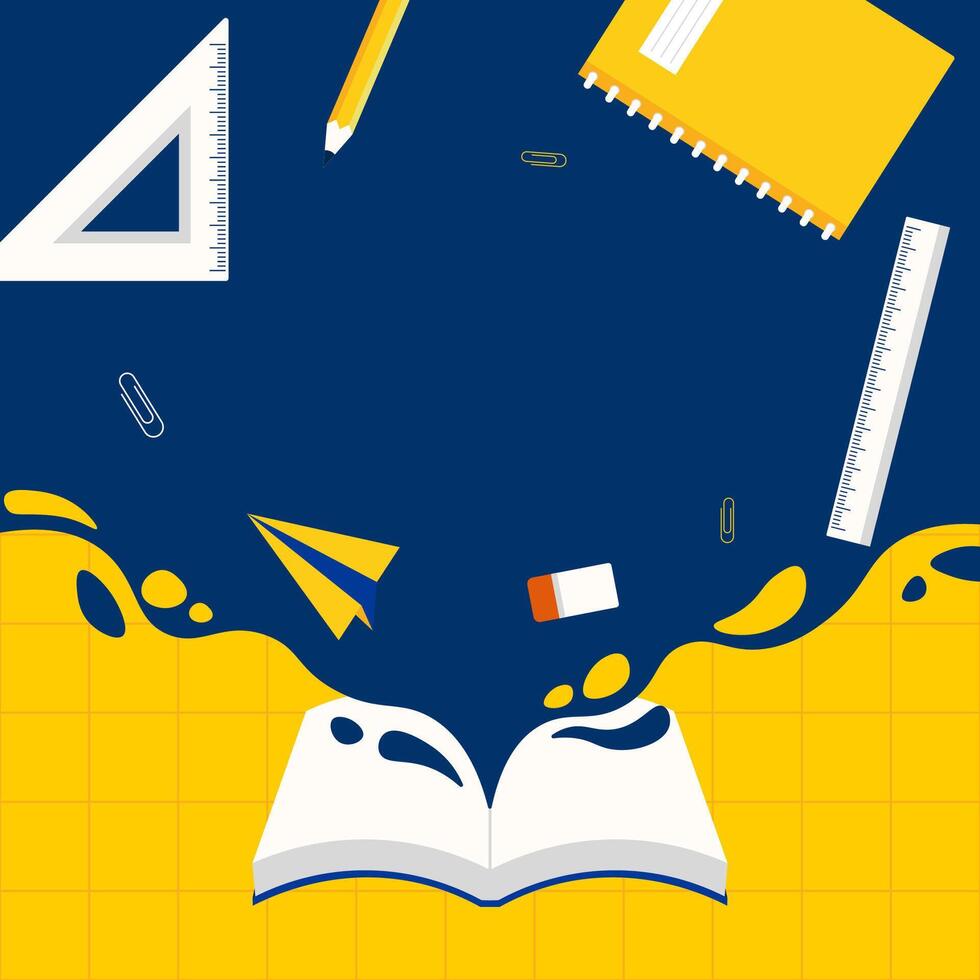 A book is open on a blue background with a ruler, pencils, and a pair of scissors vector