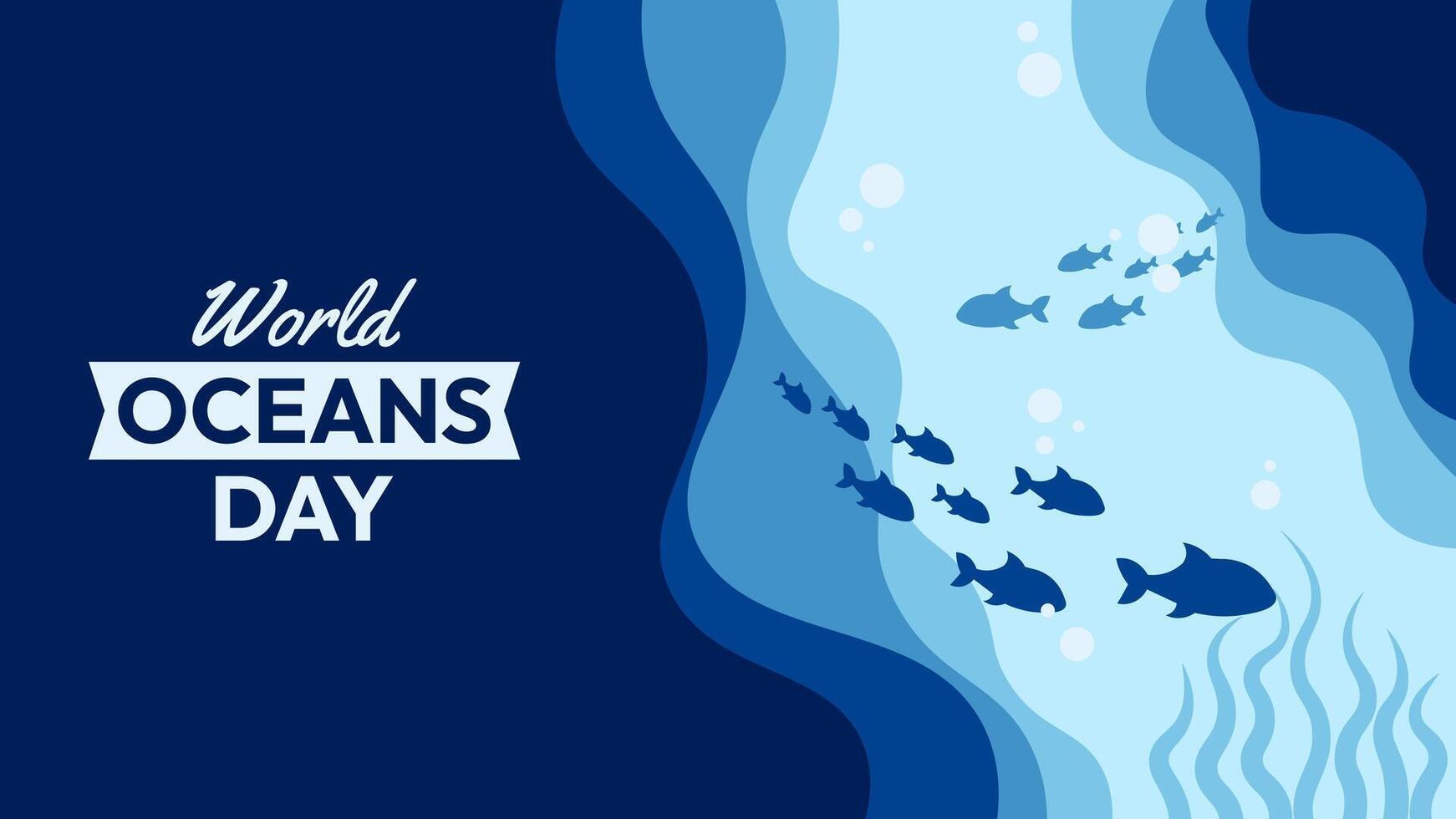 Blue poster with a blue ocean background and a white text that says World Oceans Day. vector