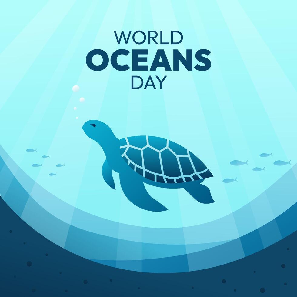 A turtle is swimming in the ocean on World Oceans Day. There are fish in the water vector
