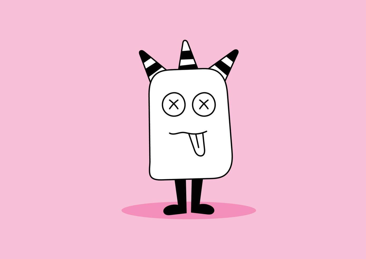 A funny monster with three horn on the head on a pink background. Doodle style. vector