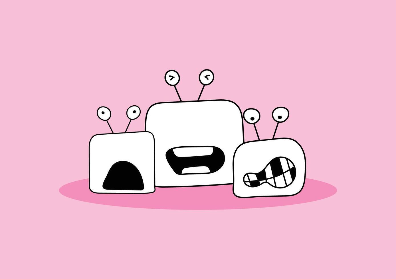 Group of funny monsters on a pink background. Doodle style. vector