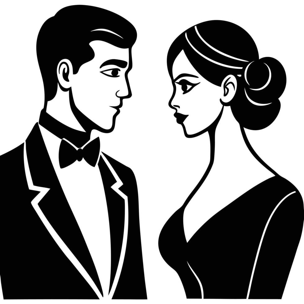 Elegant black and white illustration of a stylish couple in formal attire vector