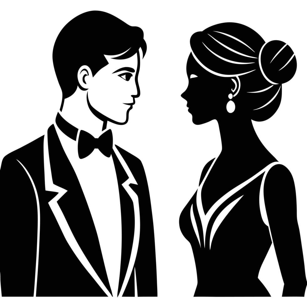 Elegant couple in formal attire silhouetted against white background for sophisticated design vector