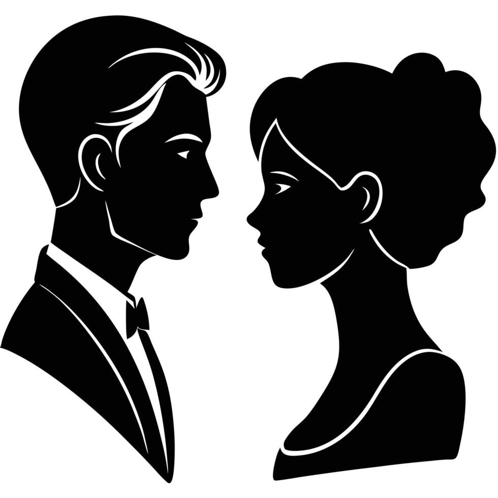 Elegant silhouette of a man and woman facing each other in a wedding or romantic setting vector