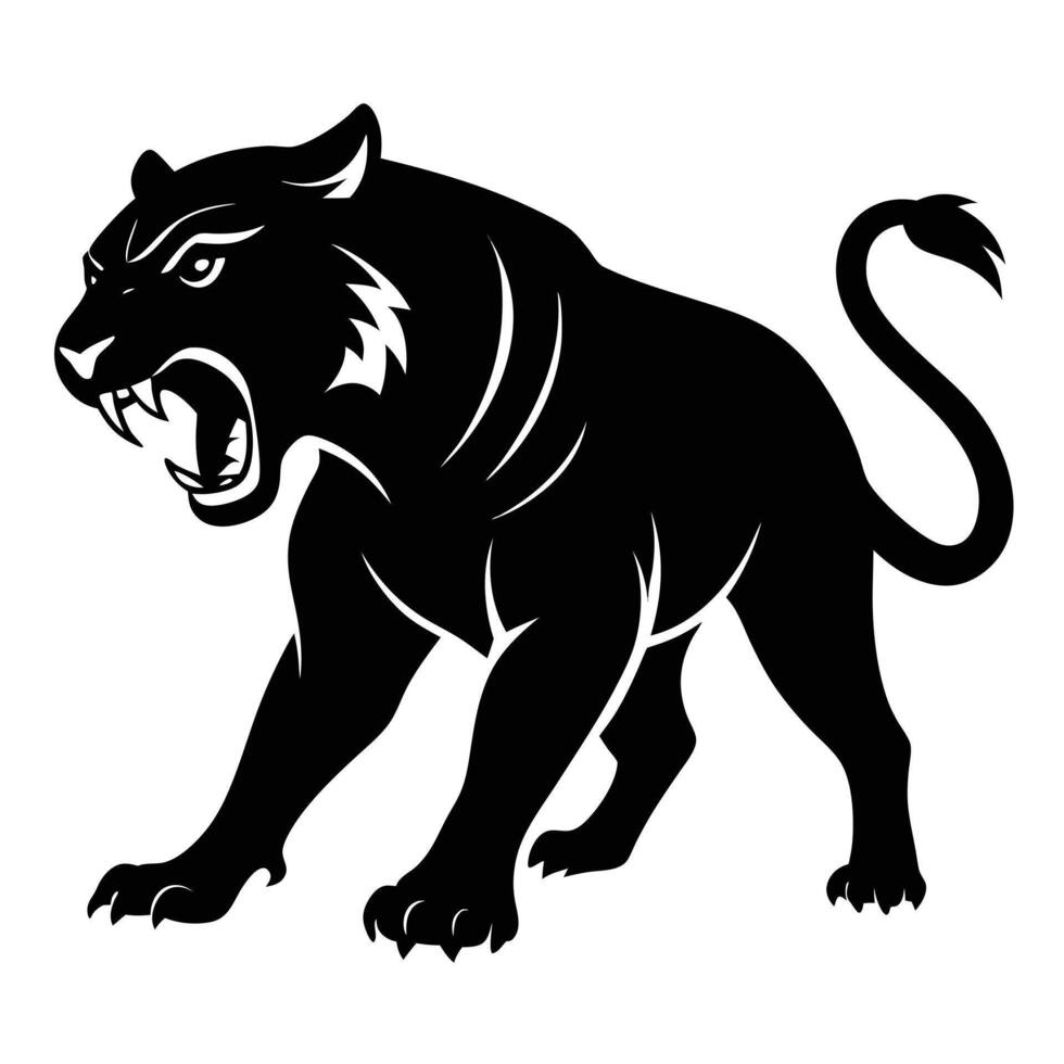 Fierce black panther silhouette roaring emblem for sports team mascot and branding design vector