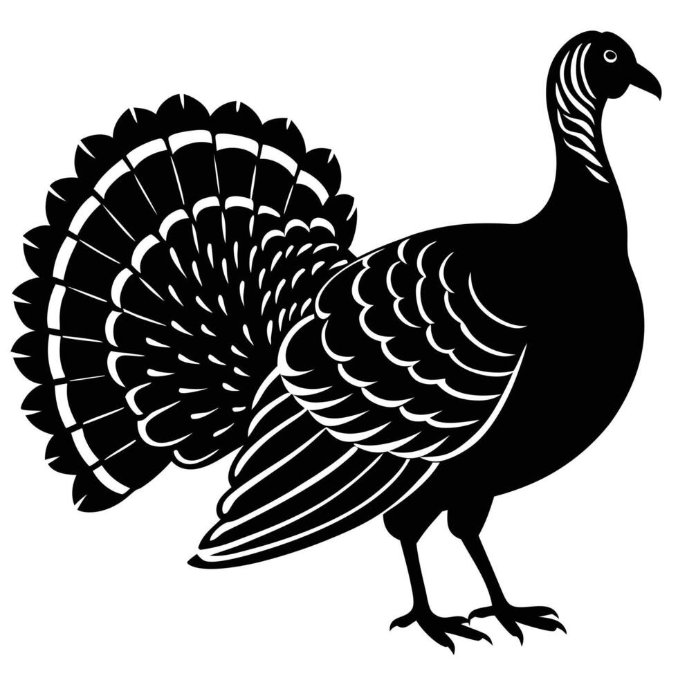 Elegant black and white silhouette illustration of a majestic turkey on white background vector