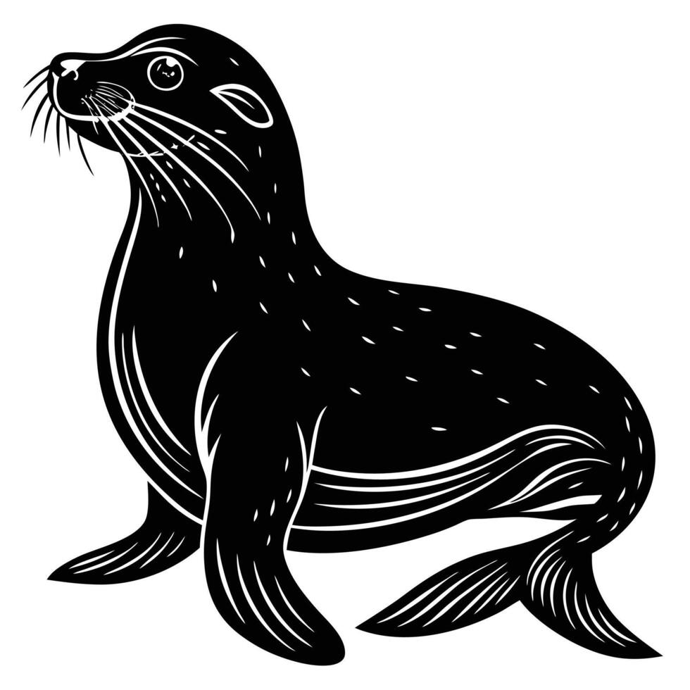 Black and white illustrated artwork of a stylized seal looking upwards on white background vector