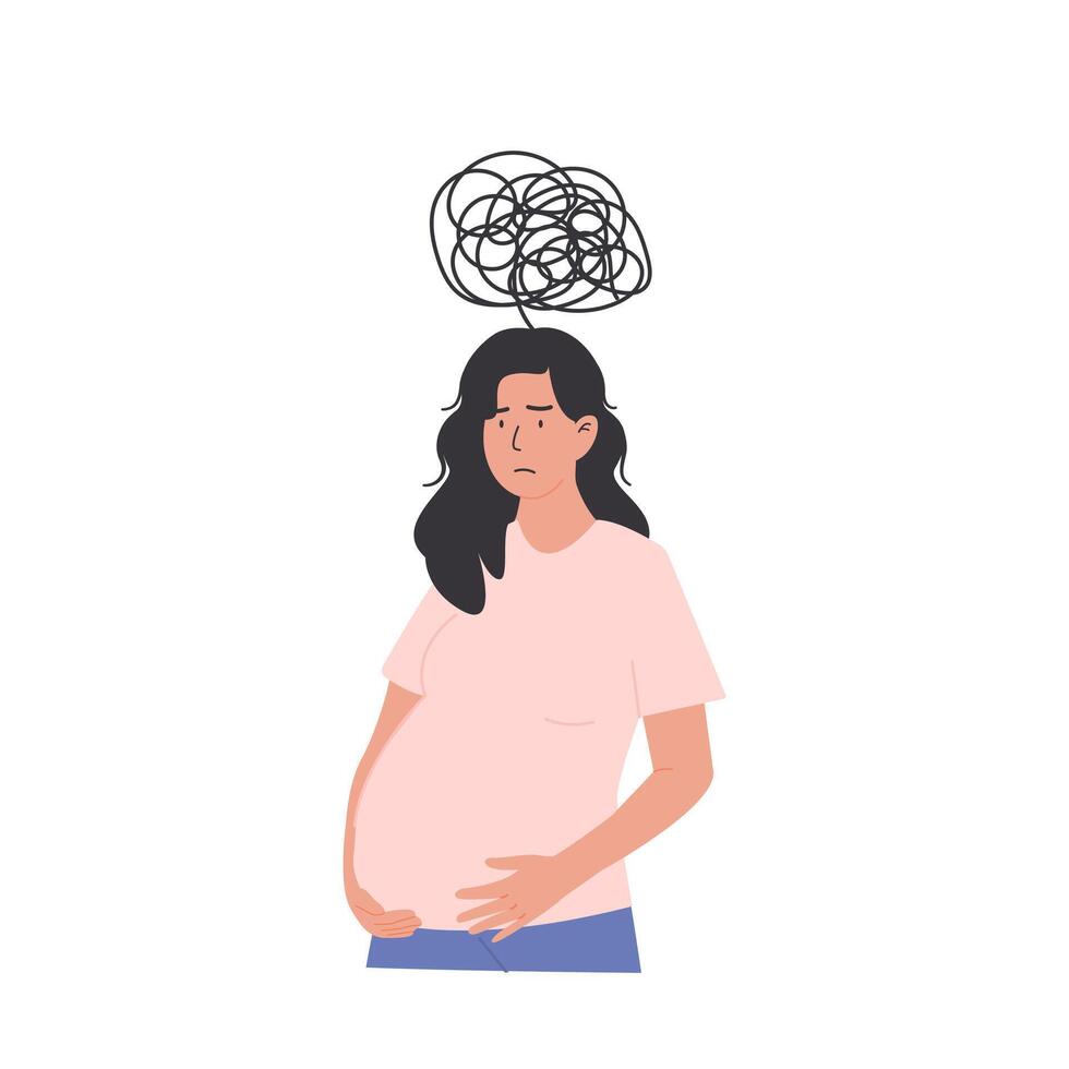 Confused pregnant woman with mixed thoughts, symbolizing mental load, uncertainty, and emotional overwhelm during pregnancy. Flat style illustration isolated on white background. vector