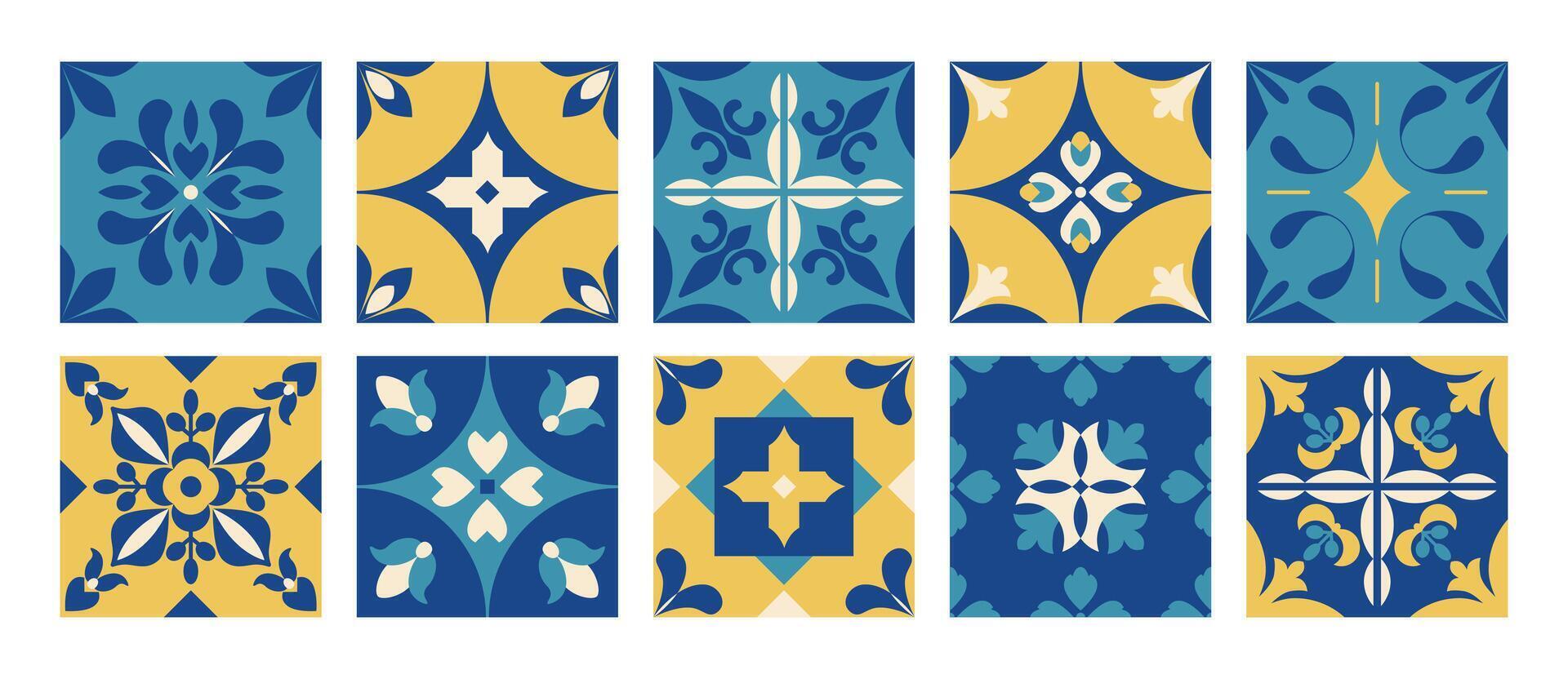 Floral geometric tiles and squares. Azulejo. Abstract mosaic shapes. Mediterranean background and pattern. Floor interior design. . vector