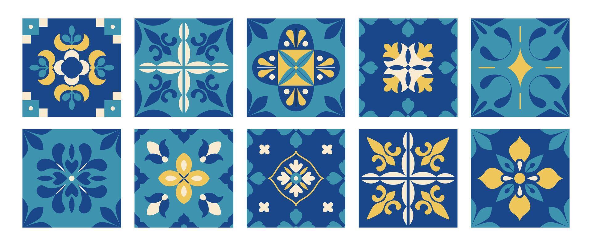 Mediterranean blue tiles pattern. Abstract floral arabesque. Italian, Portuguese, Spanish, Moroccan, Damask background in traditional style. Wall and floor interior design. Mosaic. Azulejo. . vector