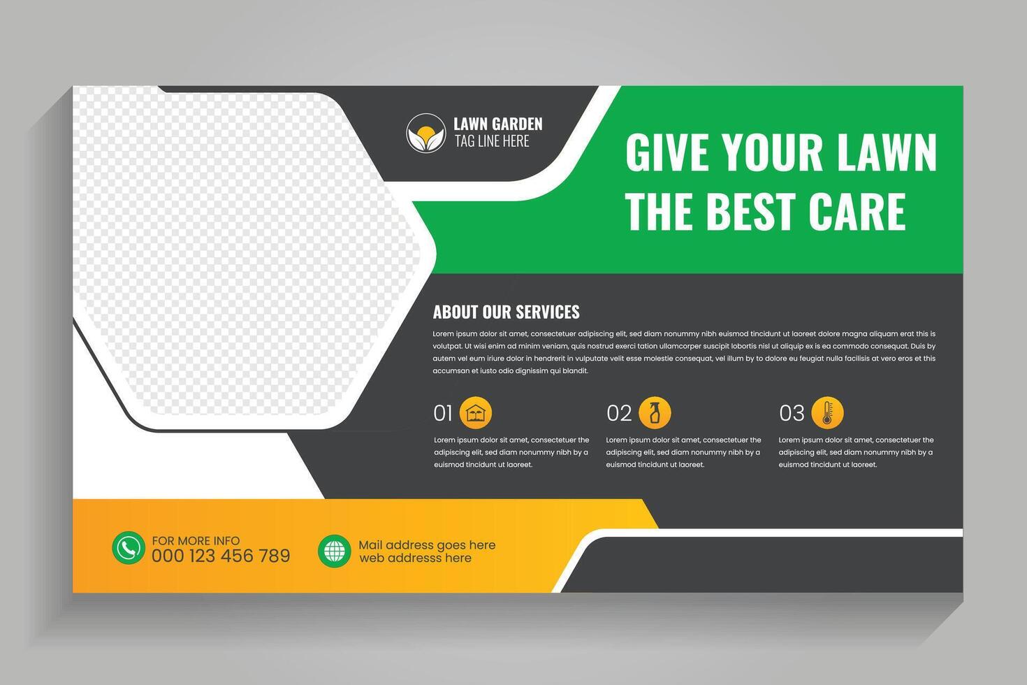 Gardening web banner, Promoting lawn care services in a vibrant garden setting during daylight hours vector