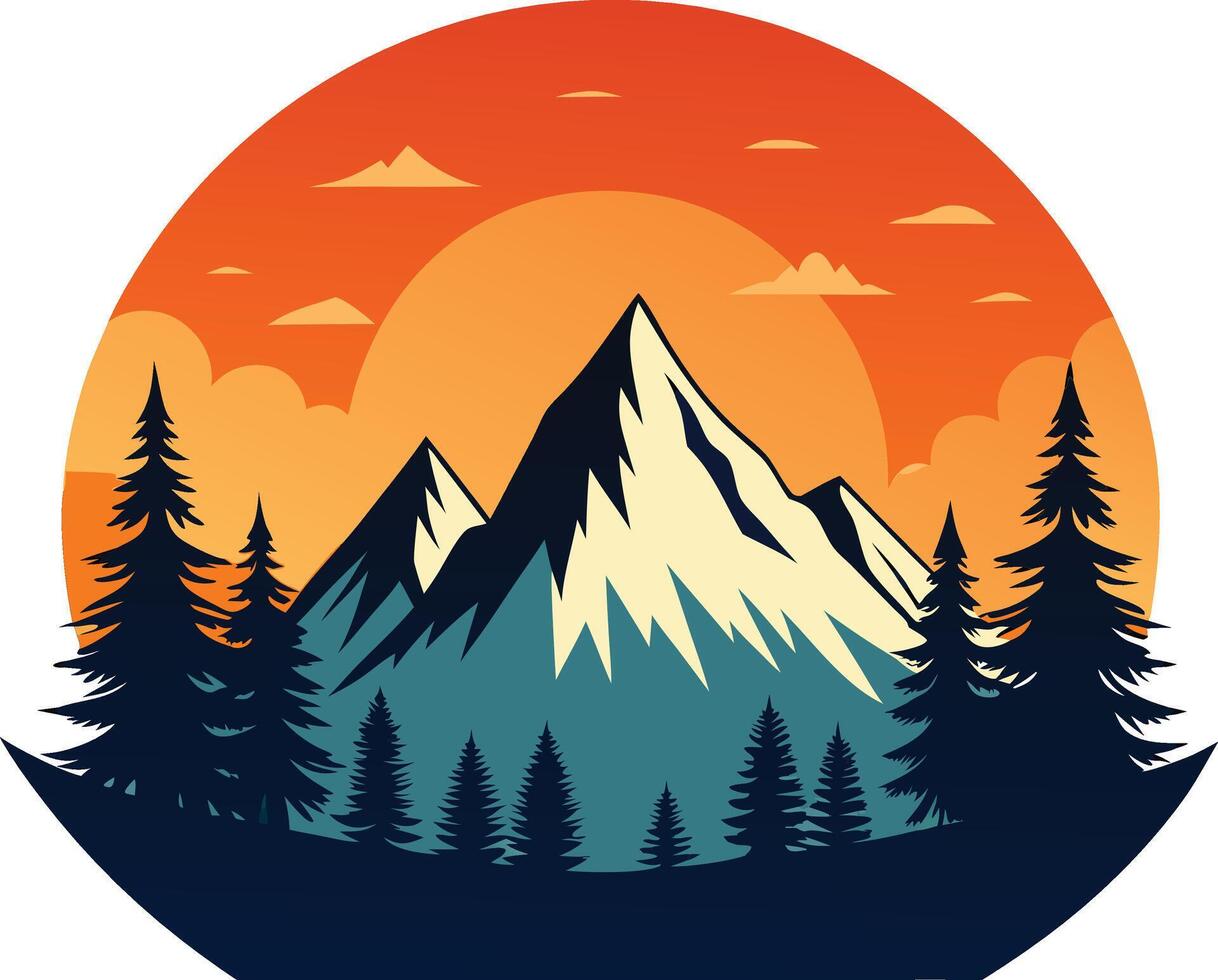 Design of mountain silhouette with pine trees and sunrise vector