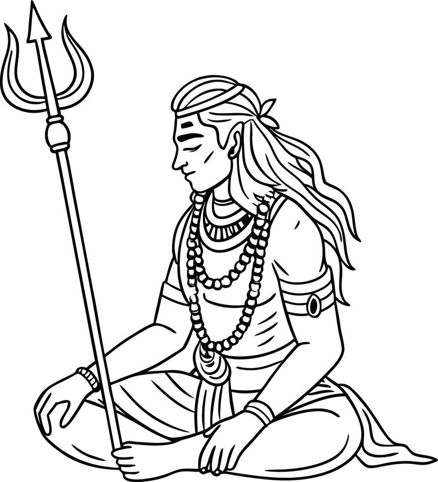 Line Art Illustration of Lord Shiva Meditating with Trident vector