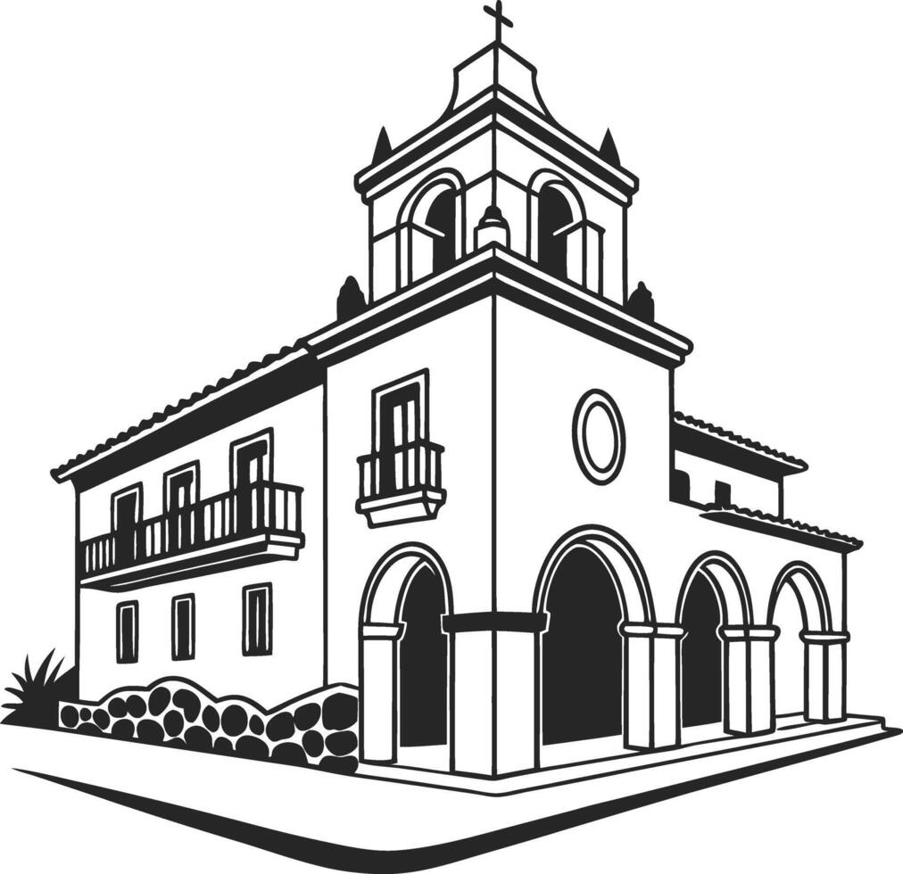 Architectural Illustration Black and White House with Balcony and Porch vector