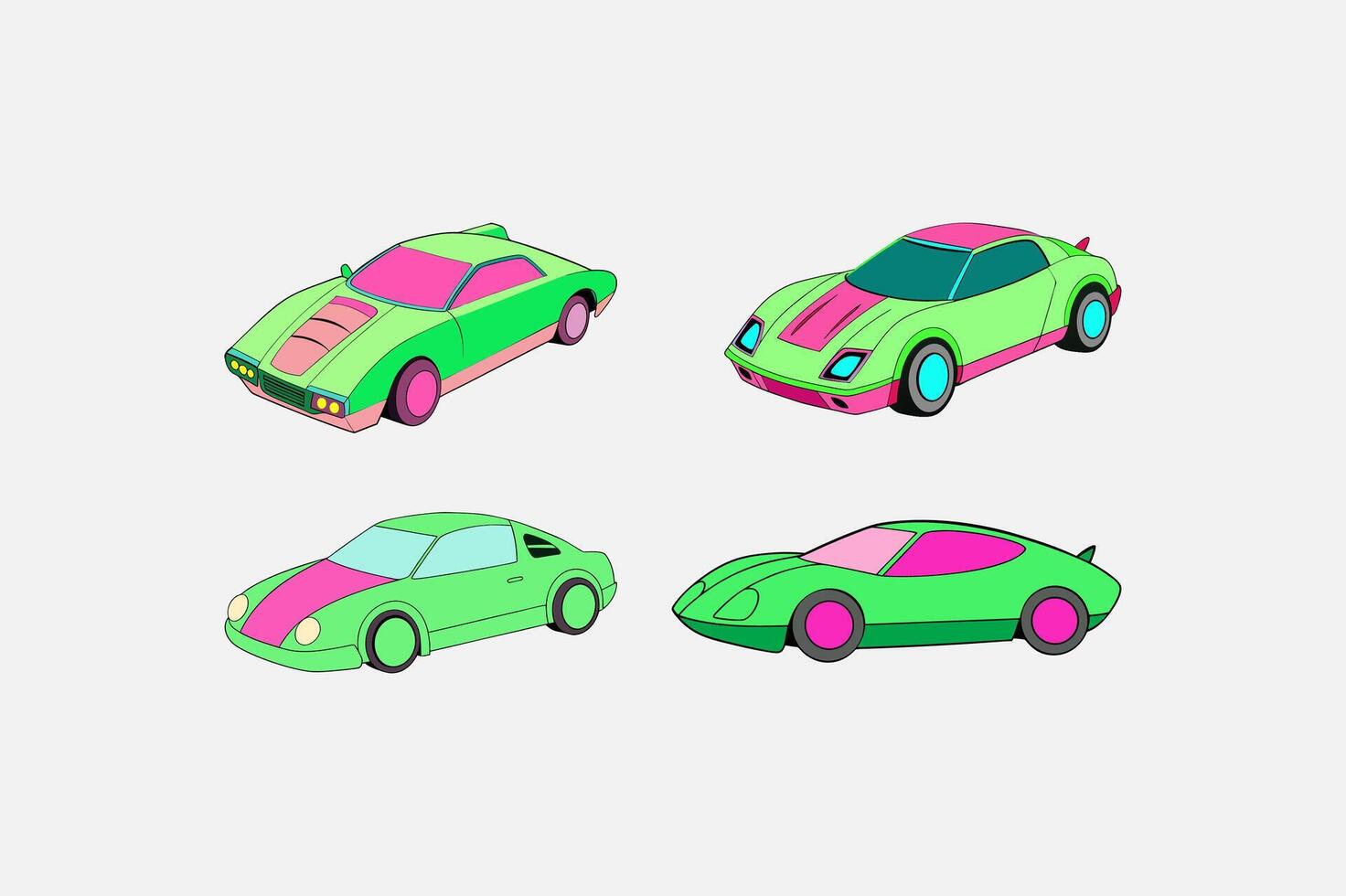 Neon Pink and Green Futuristic Coupe Car Set on White vector