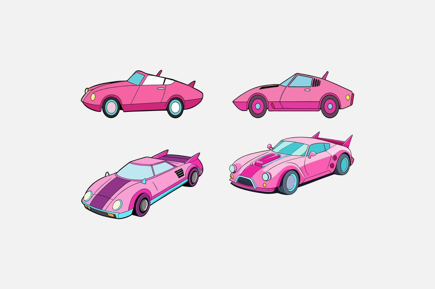 Pink Neon Cyberpunk Roadster Car Set on White vector