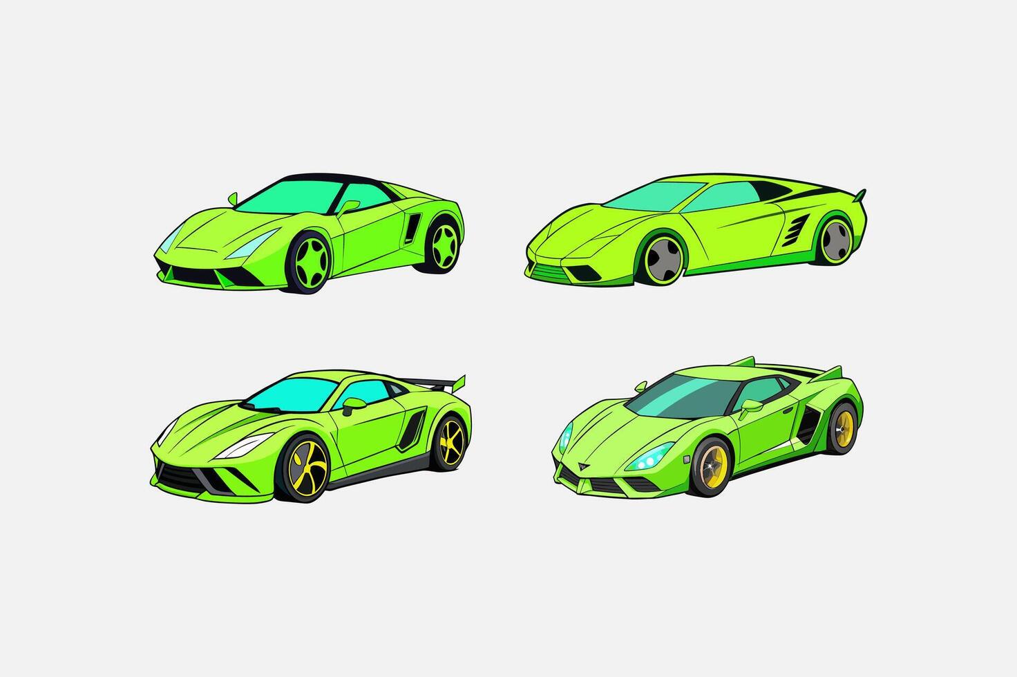 Sleek Neon Green Cyberpunk Roadster Car Set on White vector