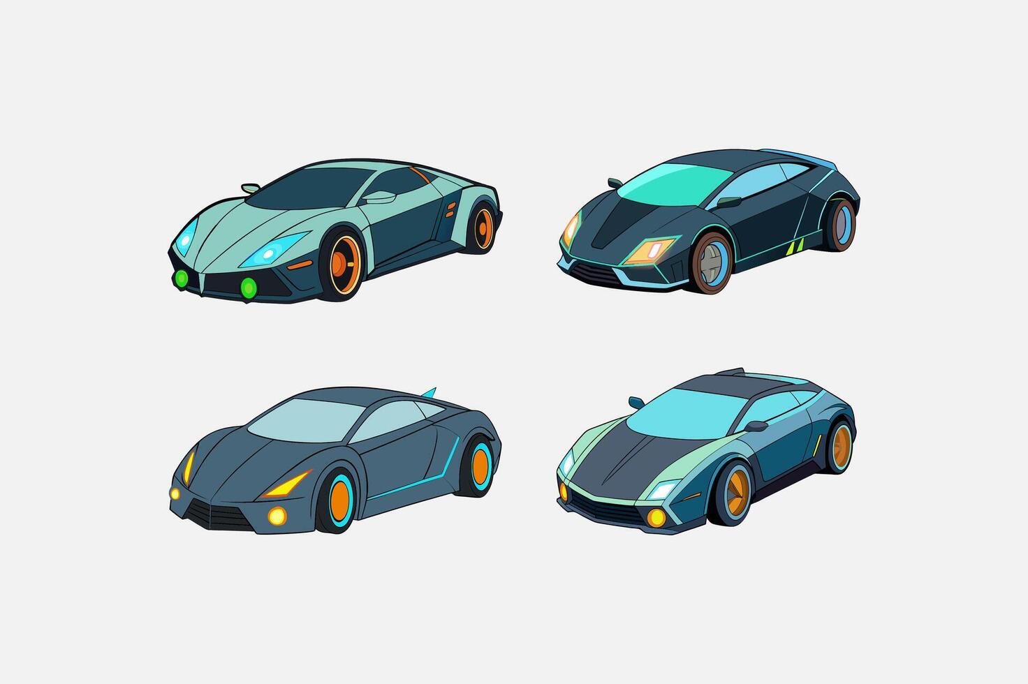 Sleek Cyber Car Set with Glowing Accents on White vector