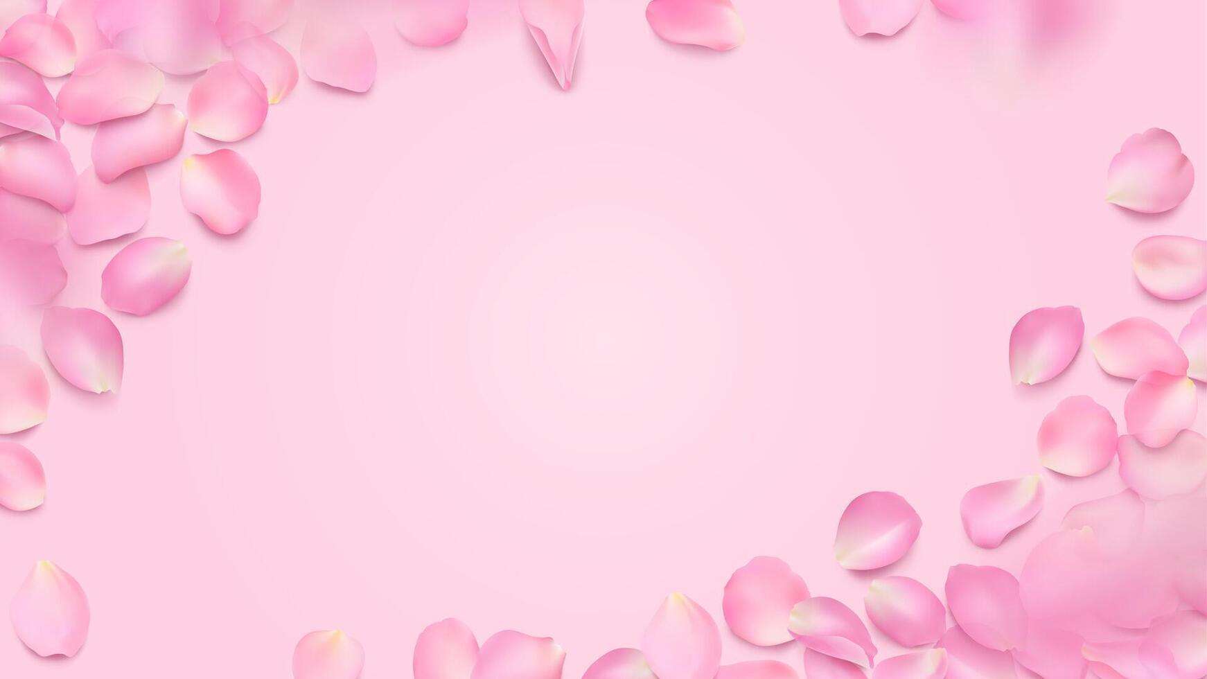 frame with lying rose petals and copy space. Horizontal editable template with place for your text. Floral illustration of realistic sakura petal with shadow for background, wallpaper, banner. vector
