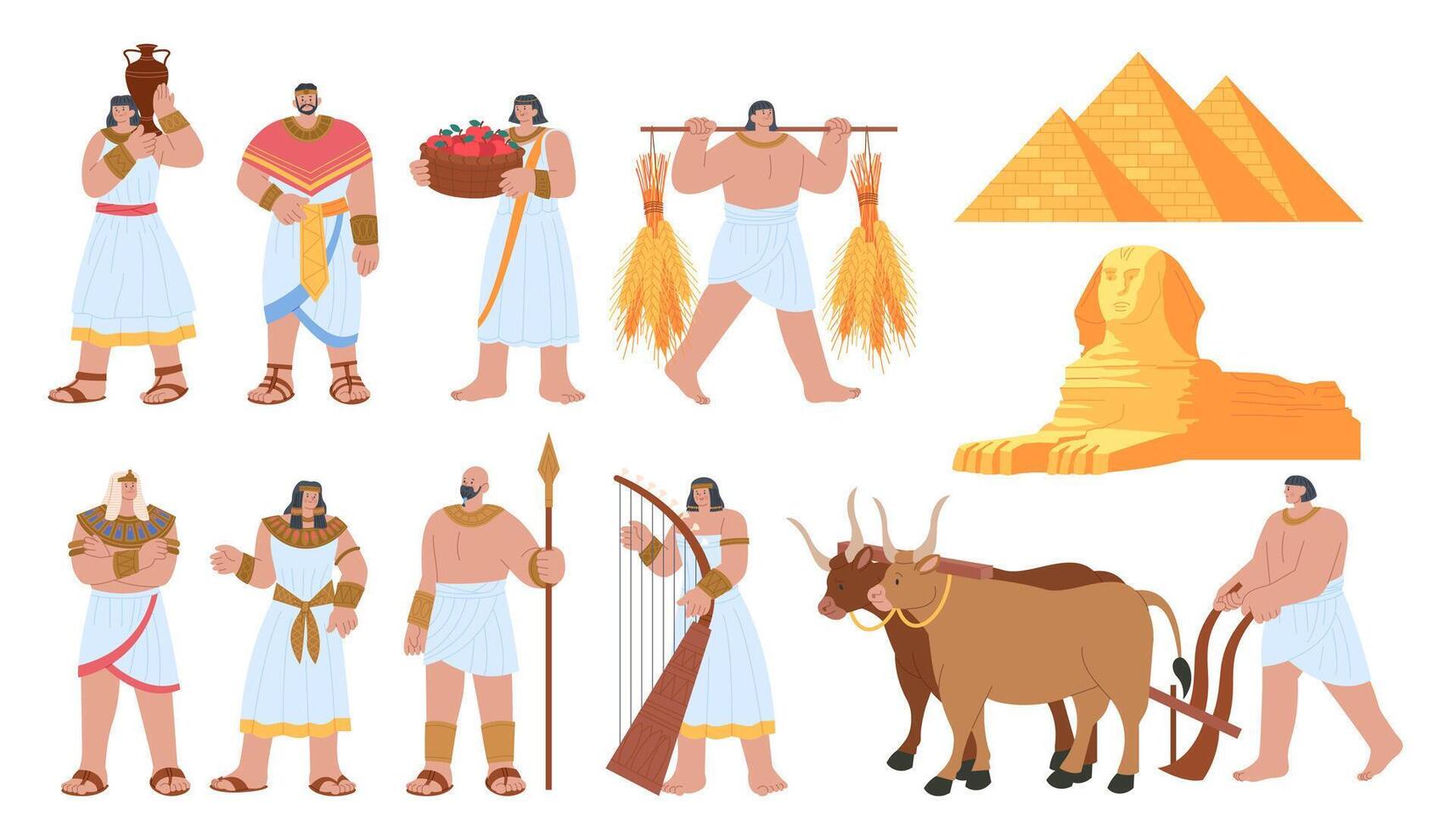 Ancient Egypt Isolated Persons animals and monument Set vector