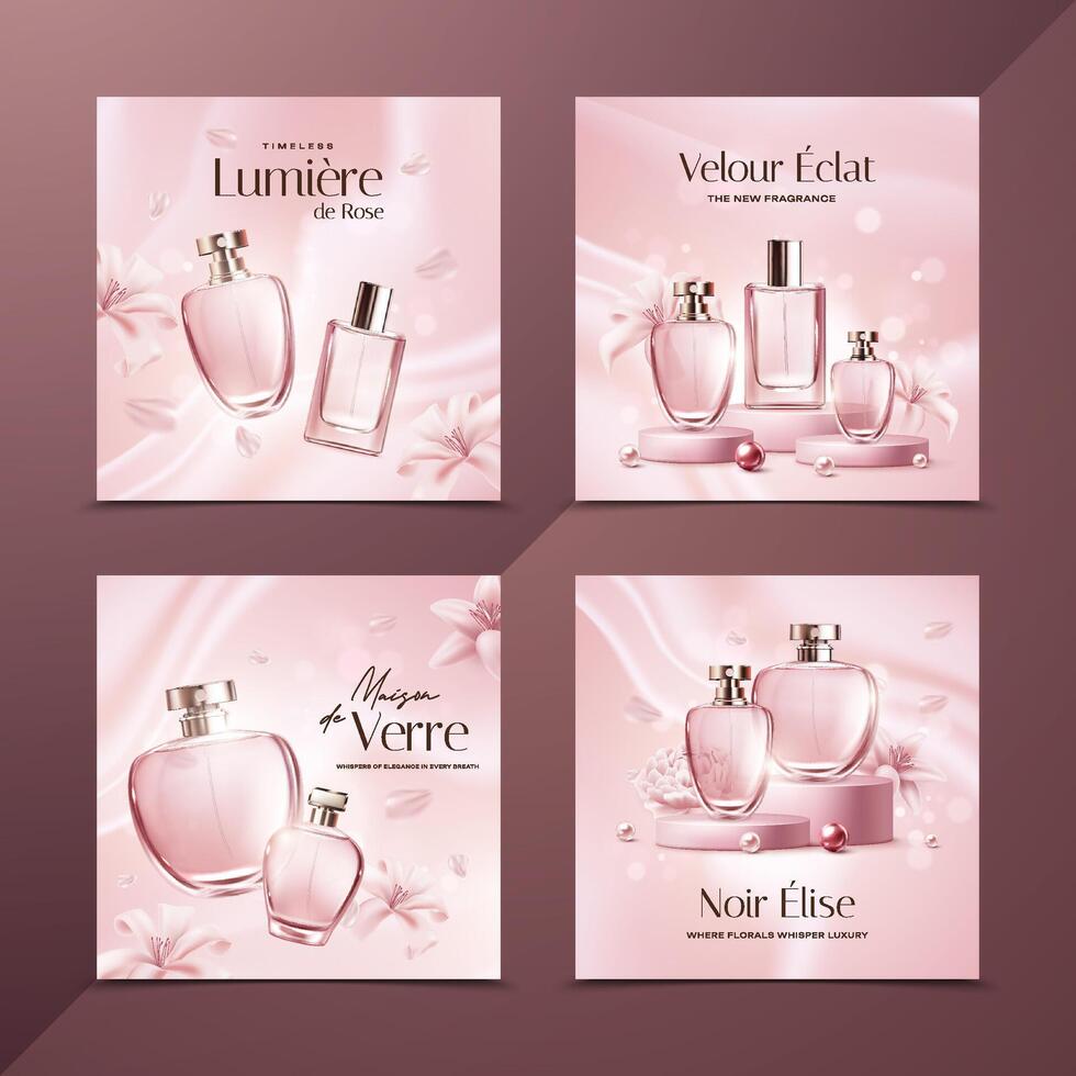 Pink Realistic Luxury Fragance Bottles Card Square Set vector