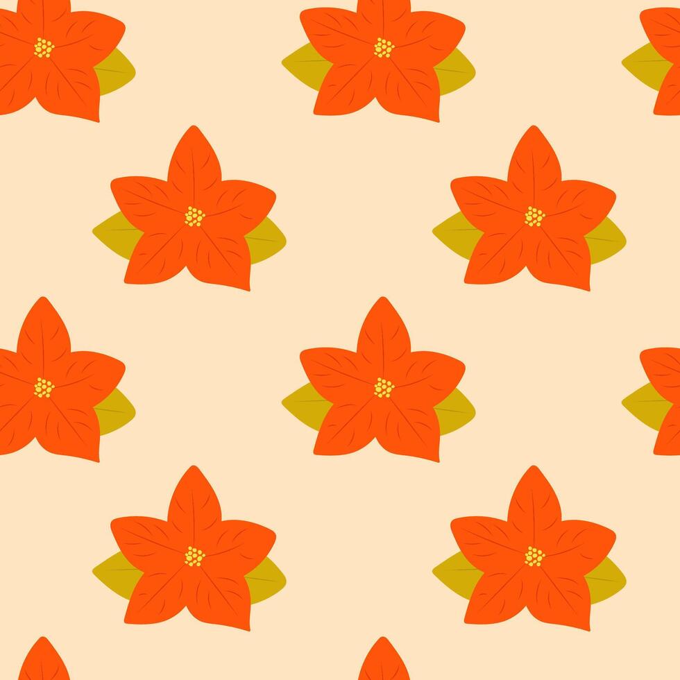 Christmas seamless pattern with simple Poinsettia flower on pastel background. Christmas red flower symbol. For gift wrapping paper, packaging design, textile, surface design etc vector