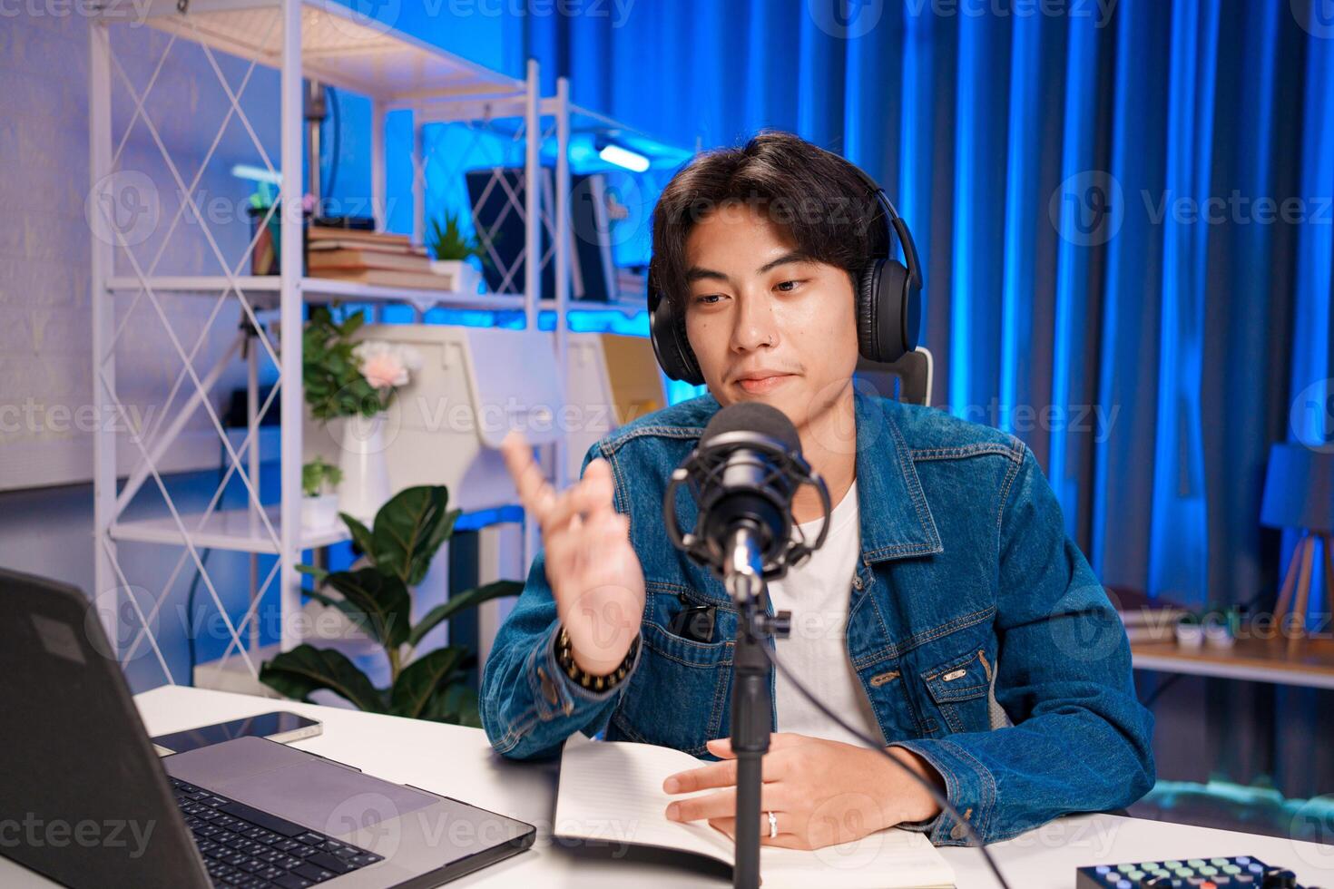 Content creator talking and pointing during podcast photo