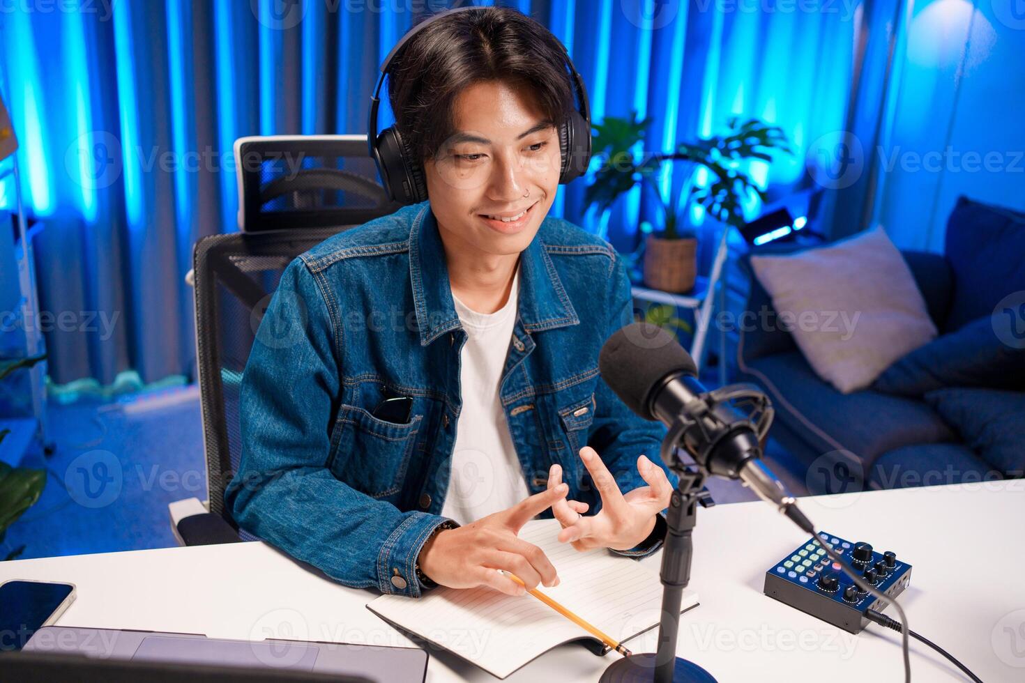 Man explaining idea in podcast recording photo
