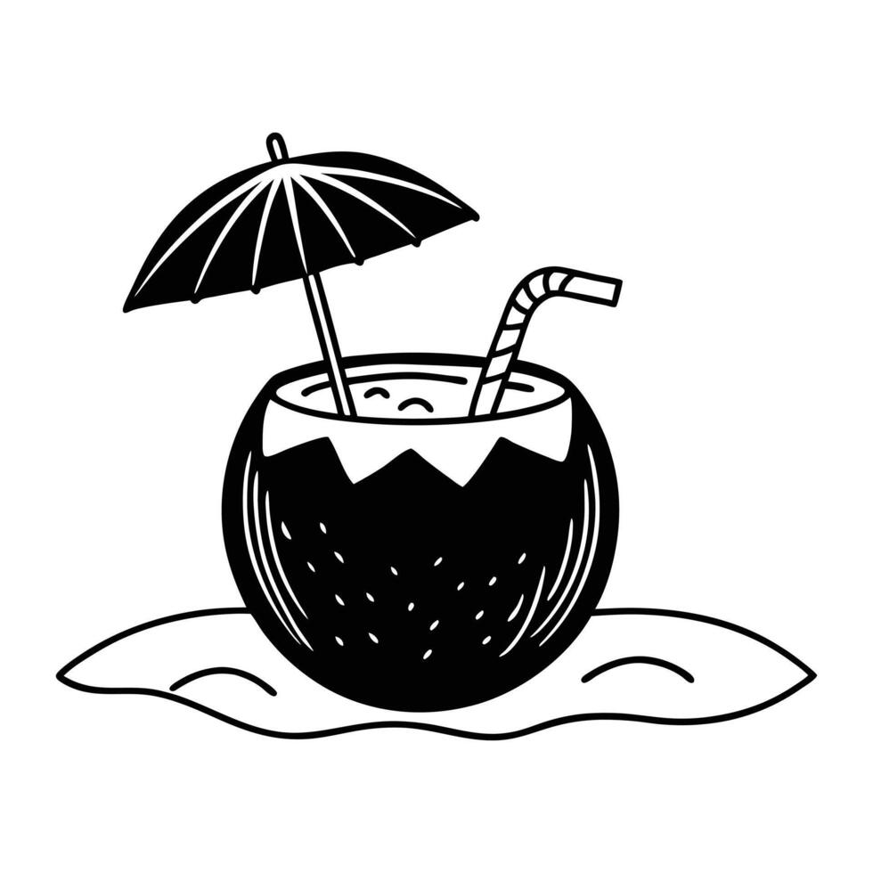 coconut drink with umbrella and straw on beach illustration vector