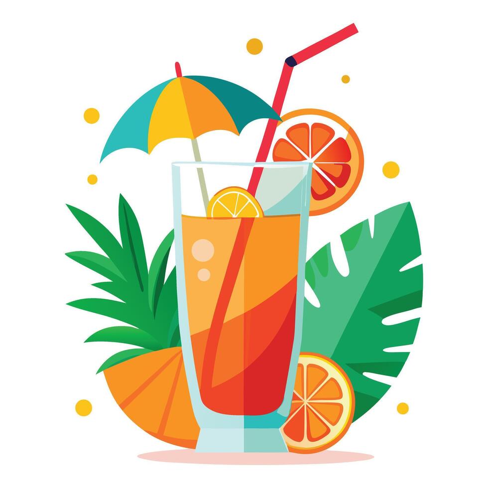 tropical fruit cocktail with umbrella and umbrella illustration. vector