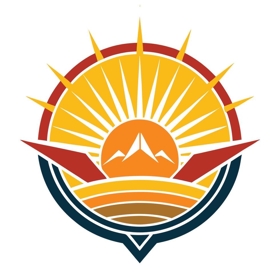 the sun is rising over mountains in this logo vector