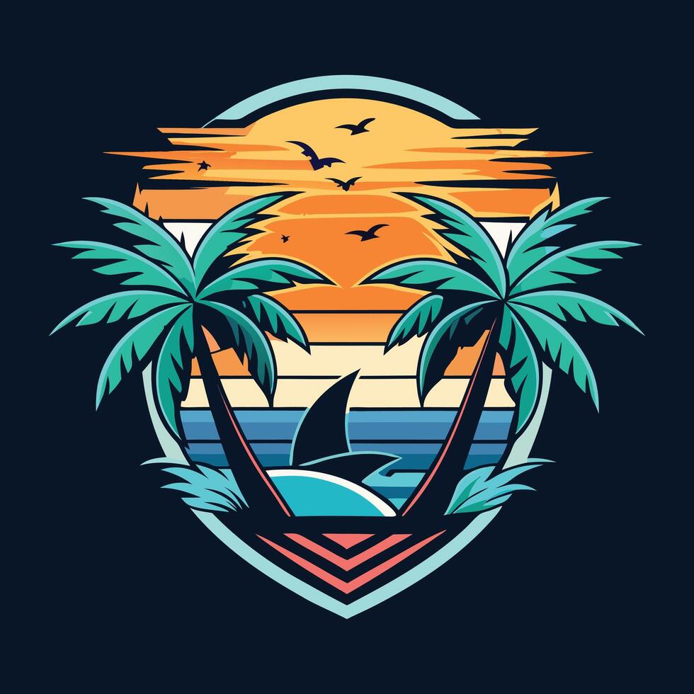 a tropical island with palm trees and a shark vector