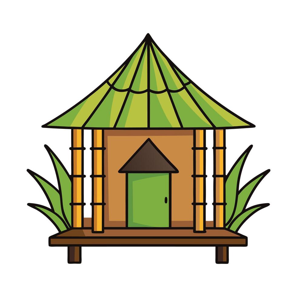 a bamboo hut with a roof and green plants vector