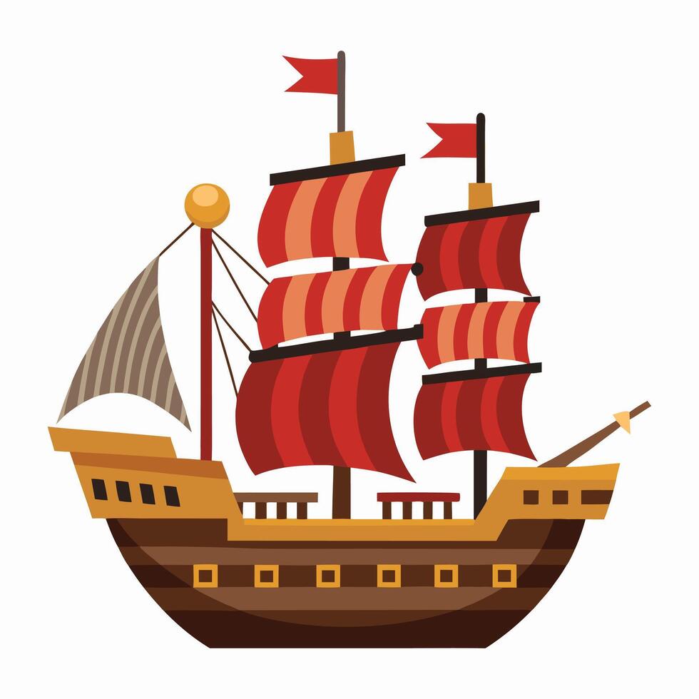 a cartoon pirate ship with red sails vector
