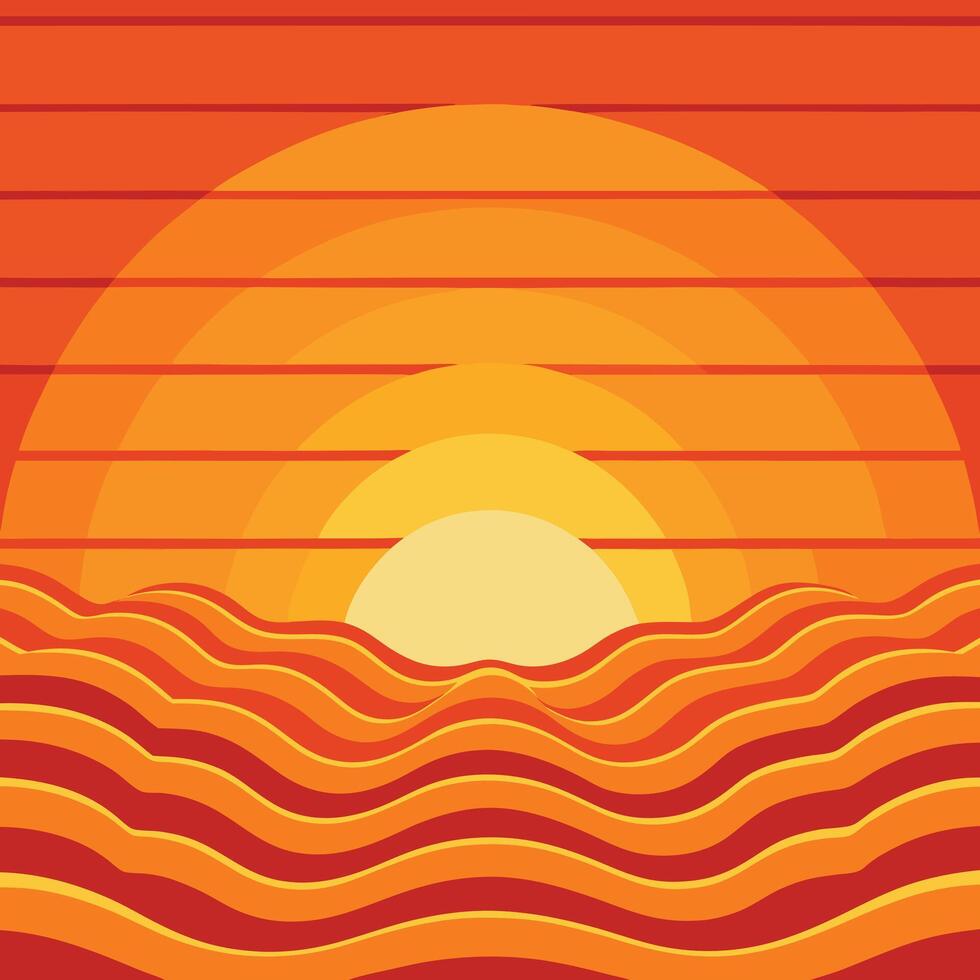 sunset illustration with waves and sun vector