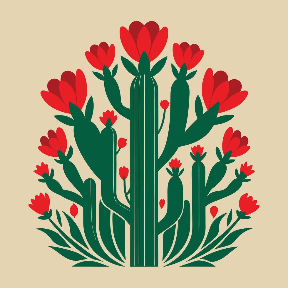 a cactus plant with red flowers on it. vector