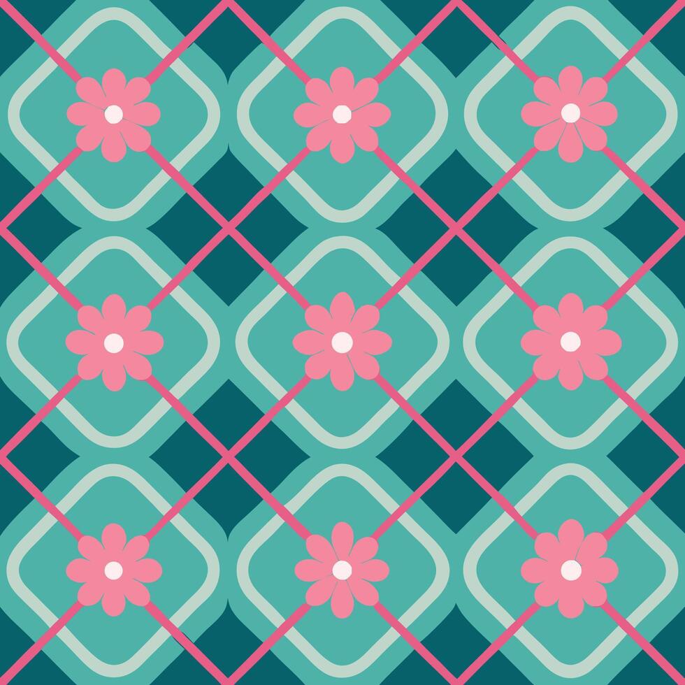 a pattern with pink flowers on blue and green. vector