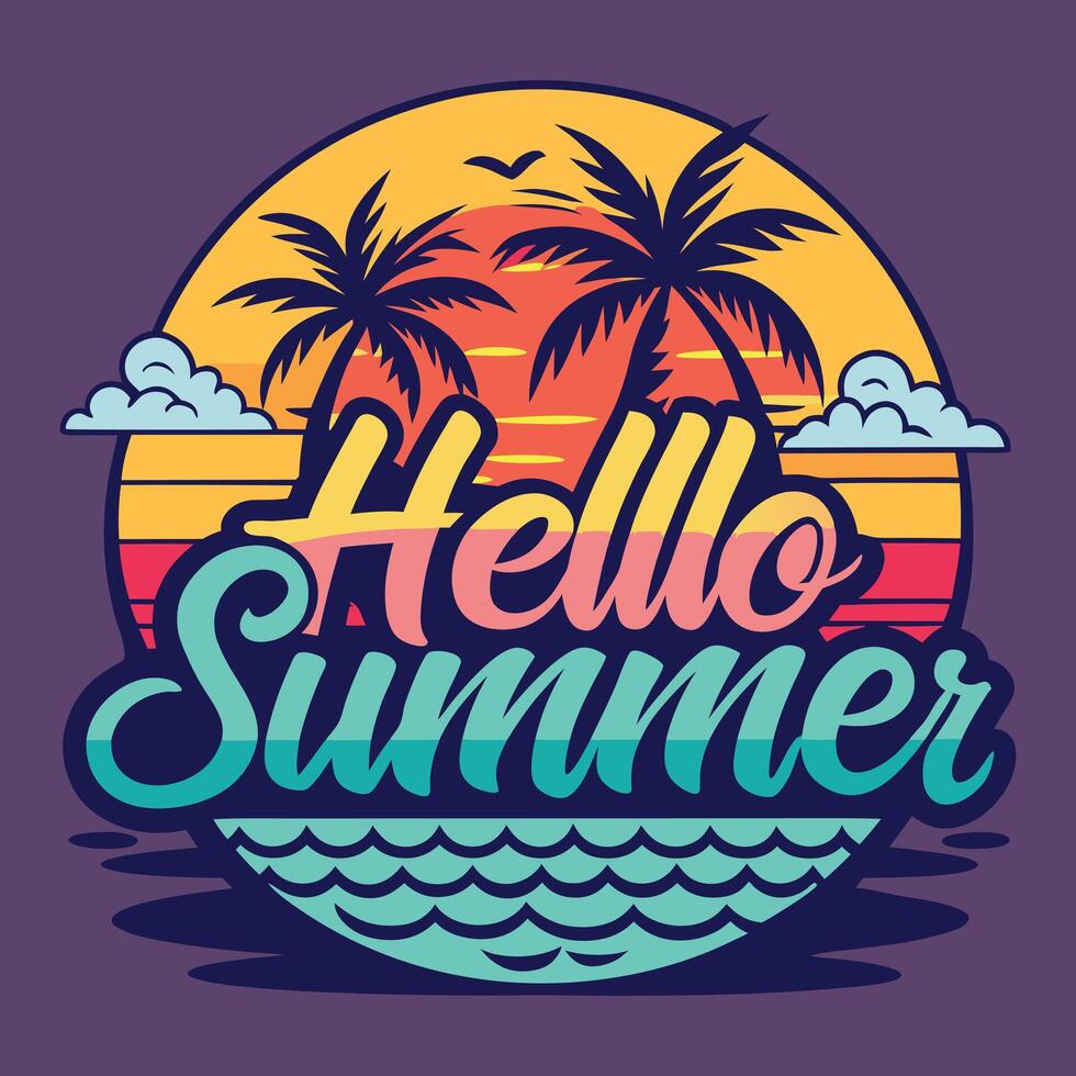 hello summer logo design with palm trees and sunset. vector