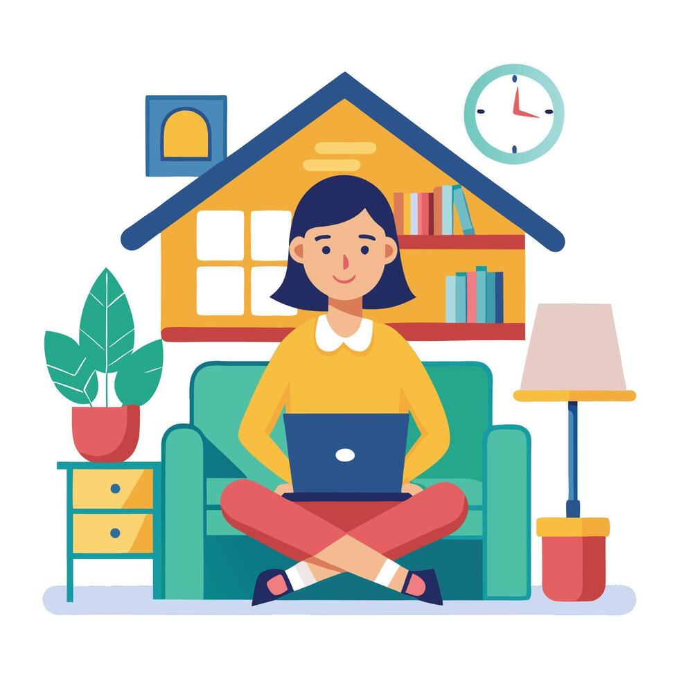 a woman sitting on a couch with a laptop vector