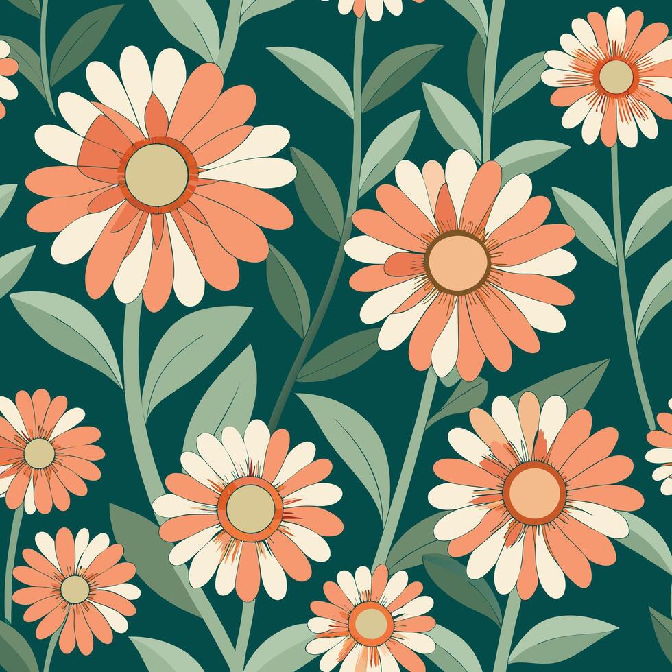 a seamless pattern with orange flowers on a green background vector