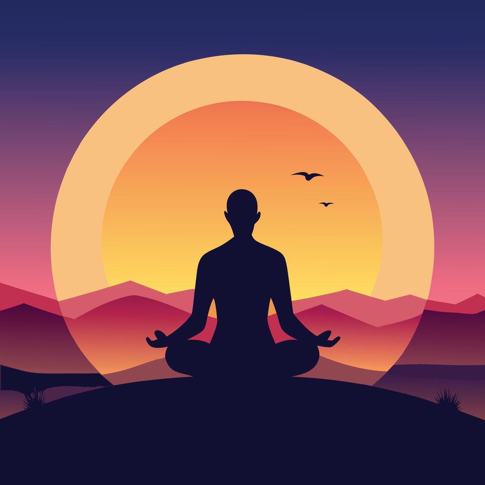 silhouette of man meditating in lotus position with sun in background vector