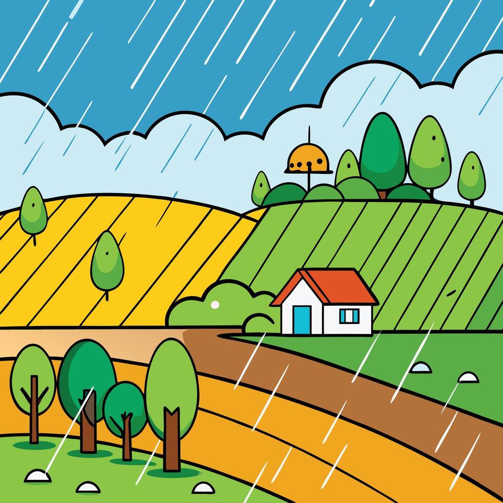 rainy day landscape with farm and trees vector